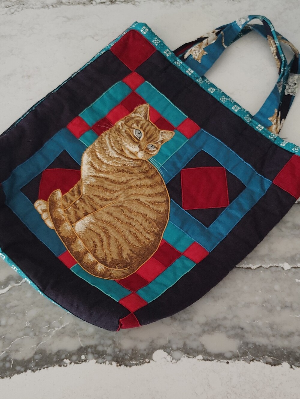 Handmade Quilted Cat Print Tote Bag Book Bag Cat Lover Shopping Bag - Picture 2 of 6